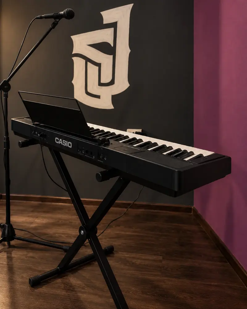 Клавишные и эмблема J-Sound в тёплом свете